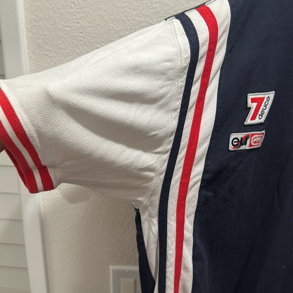 Vintage Marc Ecko Unlimtd Navy Blue/White Knit T-Shirt y2k Mens 2XL Good condit. - Picture 5 of 5
